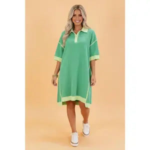 Colorblock Corded Oversized Polo T-Shirt Dress