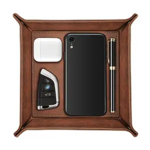 Valet Tray Desktop Storage Organizer – Premium PU Leather Catchall Bedside Vanity Tray Nightstand Caddy Holder for Remote Controller, Keys, Phone, Wallet, Coin, Jewelry