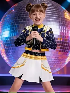 3D Printed and Gold Sequined Jazz Dance Costume, Girls Street Dance Performance 3-Piece Set, Casual Skirt Suit for Stage