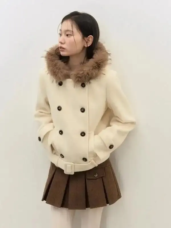Faux Fur Short Overcoats Women Casuak Y2k 2000s American Vintage Slim Autumn and Winter Jackets with Hooded Outwear Coats