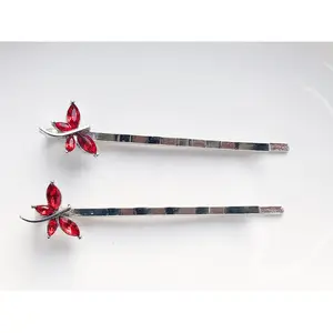 Red Rhinestone Dragonfly Hair Pins – Whimsical Silver Bobby Pins (Set of 2)