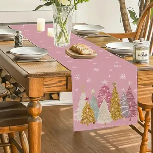 5/7-piece set, pink Christmas table flag and placemat combination, farmhouse style holiday decoration with Christmas tree and snowflake embellishment, suitable for indoor and outdoor dining table decoration, suitable for kitchen party decoration