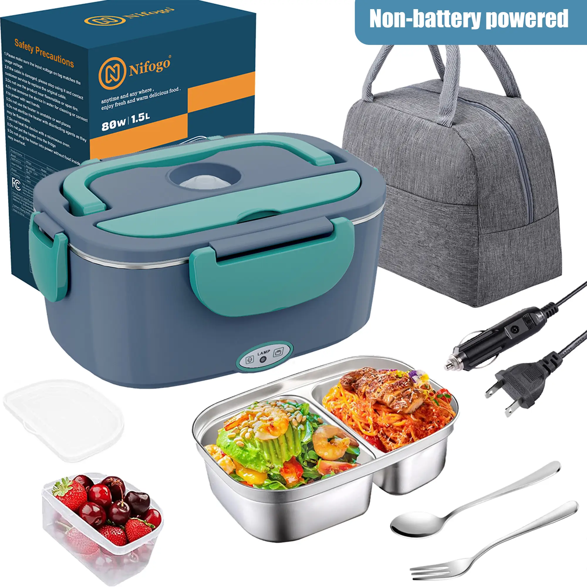 Electric Lunch Box Portable Food Warmer for Adults, 80W Food Warmer Lunch Box 1.5&1.8L Stainless Steel Containers & Bags 12V/24V/110V Stainless Steel