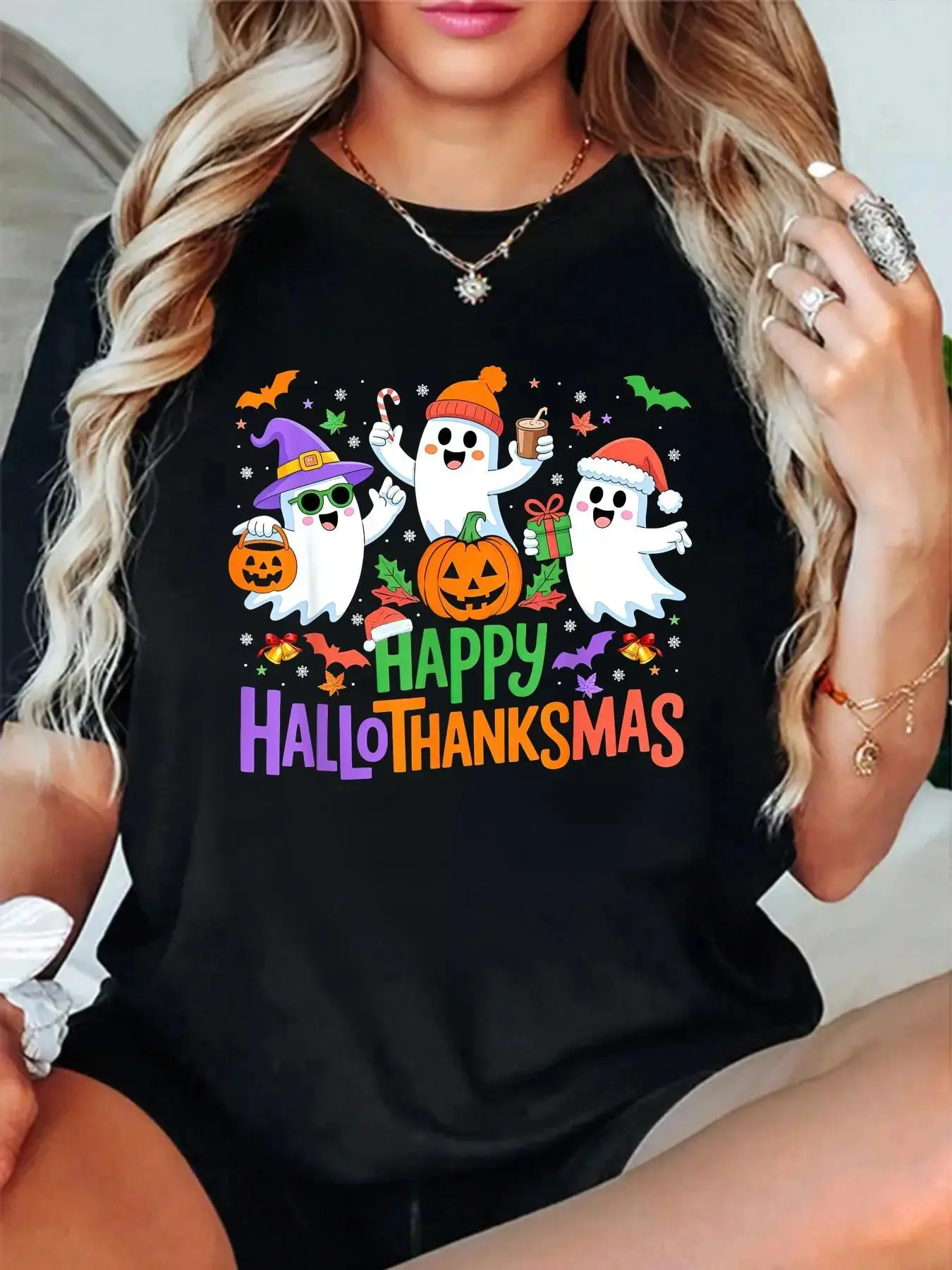 Ghost Halloween Thanksgiving Christmas Happy Hallothanksmas T-Shirt women's graphic tees fall shirts Casual All-Season Sportswear,Round Neck, Short Sleeve, Machine Washable