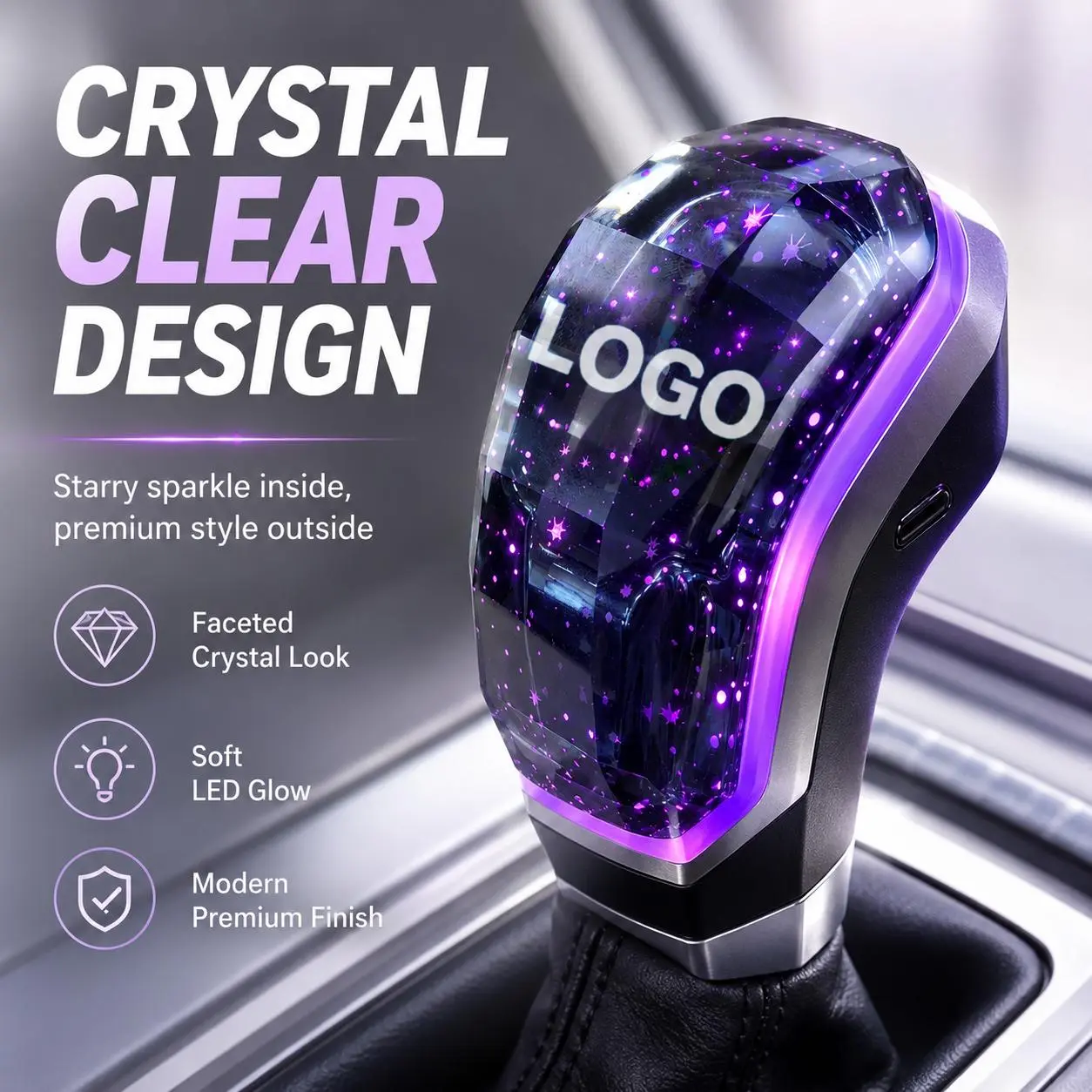 7-Color LED Crystal Gear Shift Knob, Touch-Activated USB Rechargeable Shifter Handle with RGB Breathing Light for Most Automatic Cars