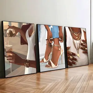 3pcs/set African American Woman Canvas Wall Art Fashion White High Heels Cocktail Black Girl Painting Pictures Wall Decor African American Theme Poster Print Artwork for Living Room Bedroom Home Decoration Unframed