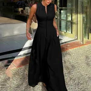 UOOZEE Black Women's A-line Loose Pleated Pockets Split Zipper Round Neck Maxi Dress, Machine Washable, Casual Fit Sleeveless, Multiple Colors, High Quality Fabric