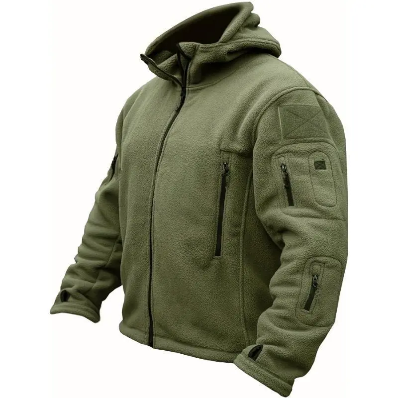 Men's Tactical Fleece Jacket - Full Zip Hooded Winter Menswear Tops, Windproof Warm Polyester Blend Fabric, Lightweight Durable Zipper Activewear Coat for Hunting, Outdoor Use, Sportswear, Plain, Athletic, Casual, Long Sleeve
