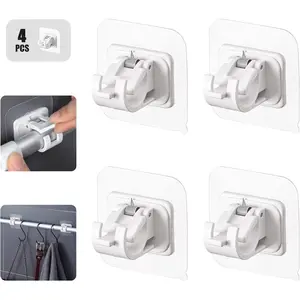 Self Adhesive Curtain Rod Holder,Universal No Drilling Hanging Pole Support,Multipurpose Bathroom Kitchen Hotel Wall Clip,Mounted-Free Clothes Bar Retainer,Adjustable Heavy Duty Hanger Hook(4pcs)