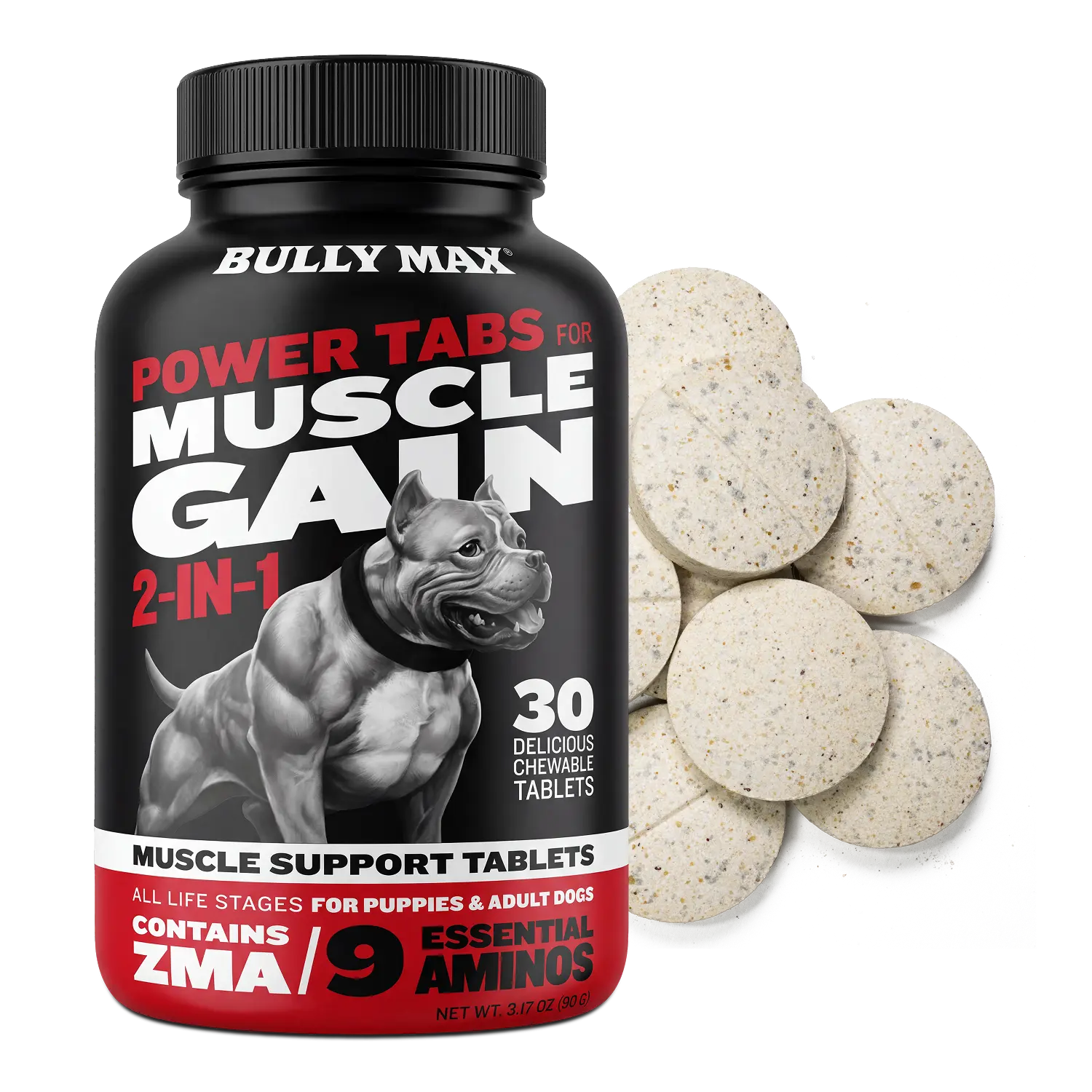 Bully Max 2-in-1 Muscle Builder Tablets, Dog Healthcare Supplement with Fitness Support, Protein & Amino Acids