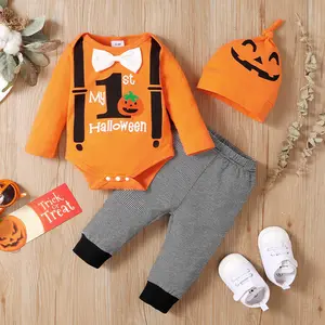 Ready Stock 0-18M Baby Boys Halloween Letter Print Pumpkin Long Sleeve Romper Tops+Stripe Pants+Hat 3Pcs 22106511
