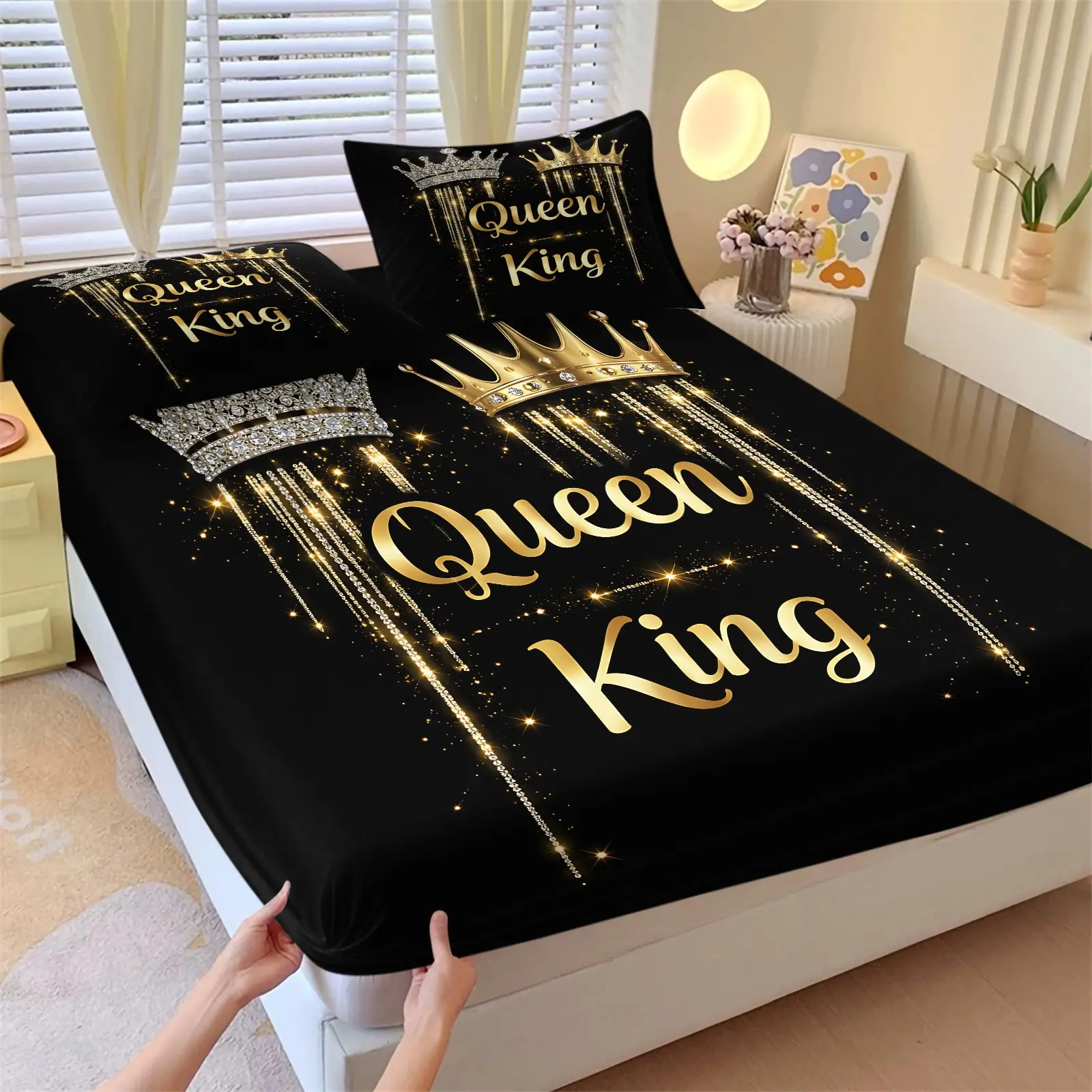 3Pcs King Queen Crown Print Fitted Sheet Set, Black Gold Glitter No Fillers Luxury Bedding Set, Romantic Royal Style Deep Pocket Bed Sheet with Pillowcases for Bedroom Wedding Decor, Decorative Bedsheet Sets