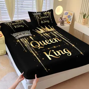 3Pcs King Queen Crown Print Fitted Sheet Set, Black Gold Glitter No Fillers Luxury Bedding Set, Romantic Royal Style Deep Pocket Bed Sheet with Pillowcases for Bedroom Wedding Decor
