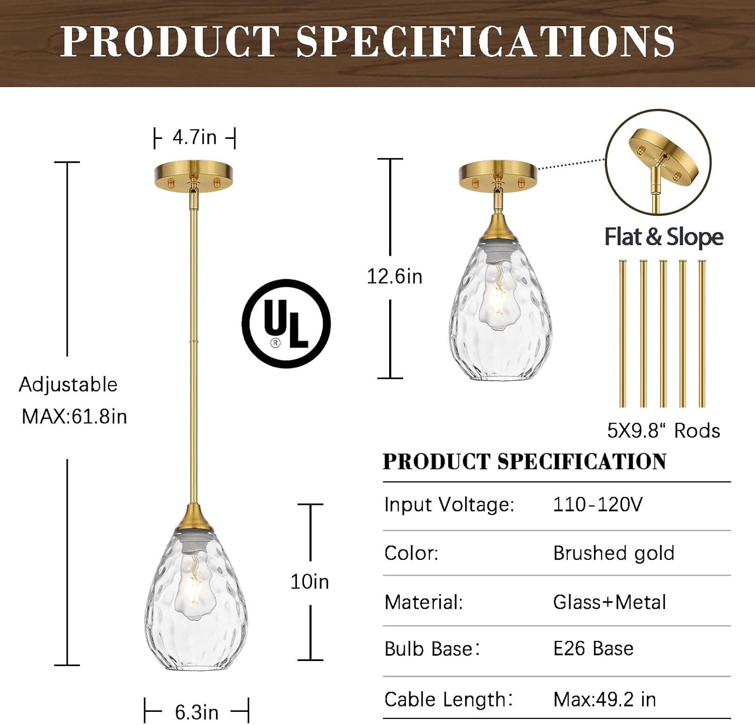 Glass Pendant Lights Kitchen Island, 1-Light Modern Brushed Gold Fixtures with Hammered Glass & Rods Small Hanging Light for Kitchen Sink Dining Room Bathroom