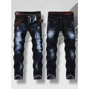 Men's jeans, stretch ripped jeans, embroidered denim, street pants, slim fit, dark blue distressed men's pants, suitable for all seasons compression  pants  ripped  jeans jeans  n  s through it high street jean fashion boy summer kuul  garments