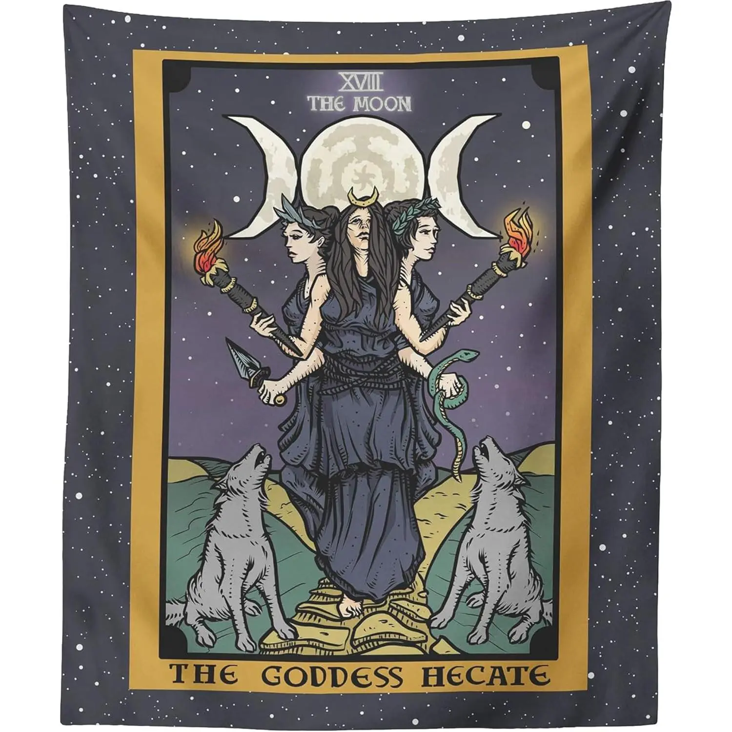 The Goddess Hecate Tarot Card Tapestry - Triple Moon Goddess of Witchcraft Hekate Wheel Pagan Witch Wall Hanging. Multiple sizes are available for selection.