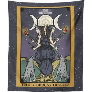 The Goddess Hecate Tarot Card Tapestry - Triple Moon Goddess of Witchcraft Hekate Wheel Pagan Witch Wall Hanging. Multiple sizes are available for selection.