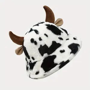 Fashion versatile bucket hat black and white cow pattern printed plush hat cute horn thickened thermal basin hat