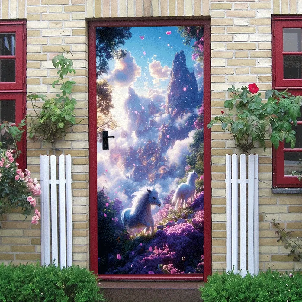2pcs Magical Unicorn Wonderland Wall Stickers Cartoon Pegasus Castle Kids Room Decor Decals Self Adhesive Removable Bedroom Living Room Background Wall Art Pink Petal Forest Fantasy Scene Home Decoratio