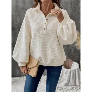 Women's Textured Half Button Front Bishop Sleeve Sweatshirt, Casual Long Sleeve Collared Pullover for Fall & Winter, Ladies Clothes for Daily Wear