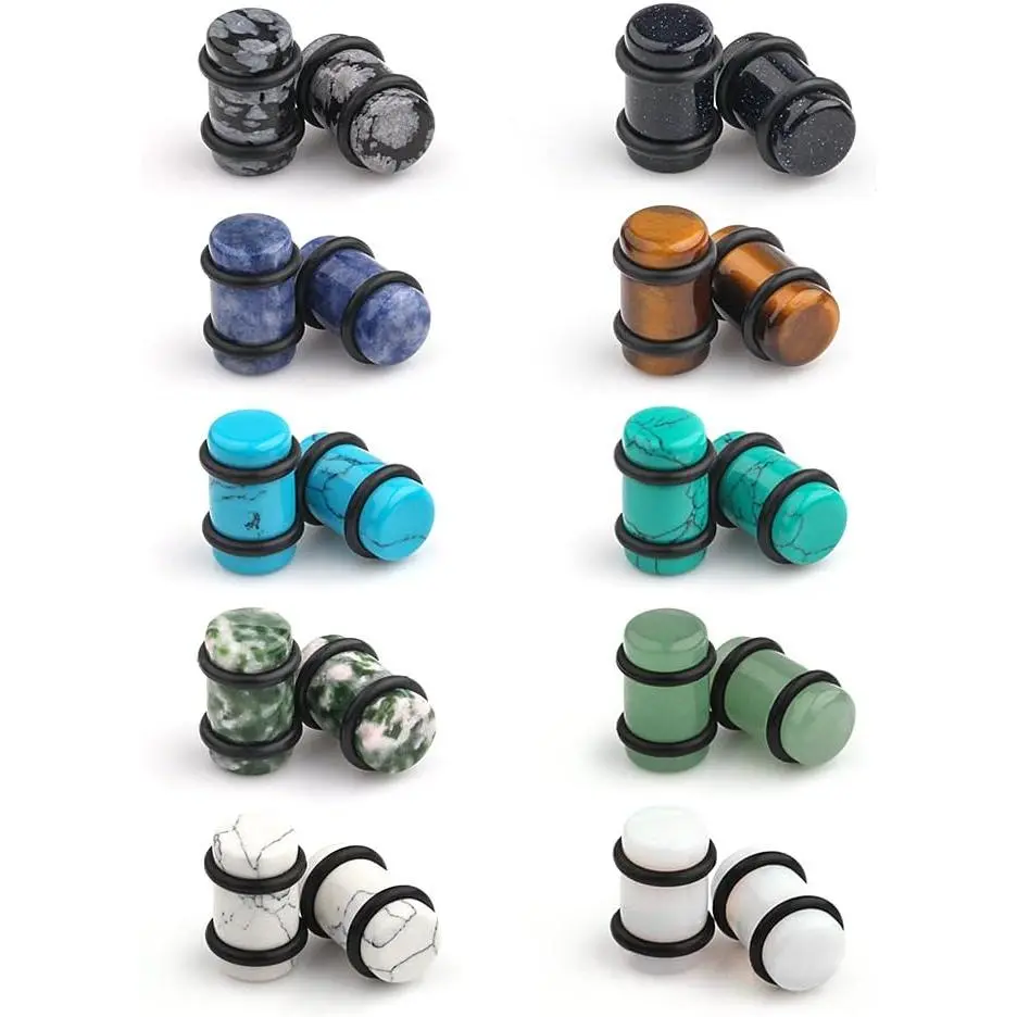 10 Pairs Set  Mixed Stone Saddle Ear Plugs Stretcher Expander Tunnels Gauges Piercing  with O-Rings 2g-12mm