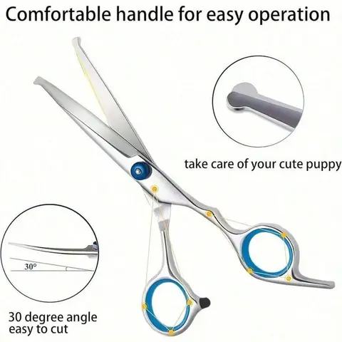 Professional Pet Grooming Scissors Set, Grooming Products, Groomer Tools, Supplies, Stainless Steel Dog Cat Hair Clippers, Curved Straight Upward Downward Blades, Comb Included, Left Right Hand Use