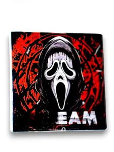 Ghostface "SCREAM" Cartoon Coaster - Ceramic Horror Merch with Grunge Blood and Attitude Design - Standout Piece of Horror Art