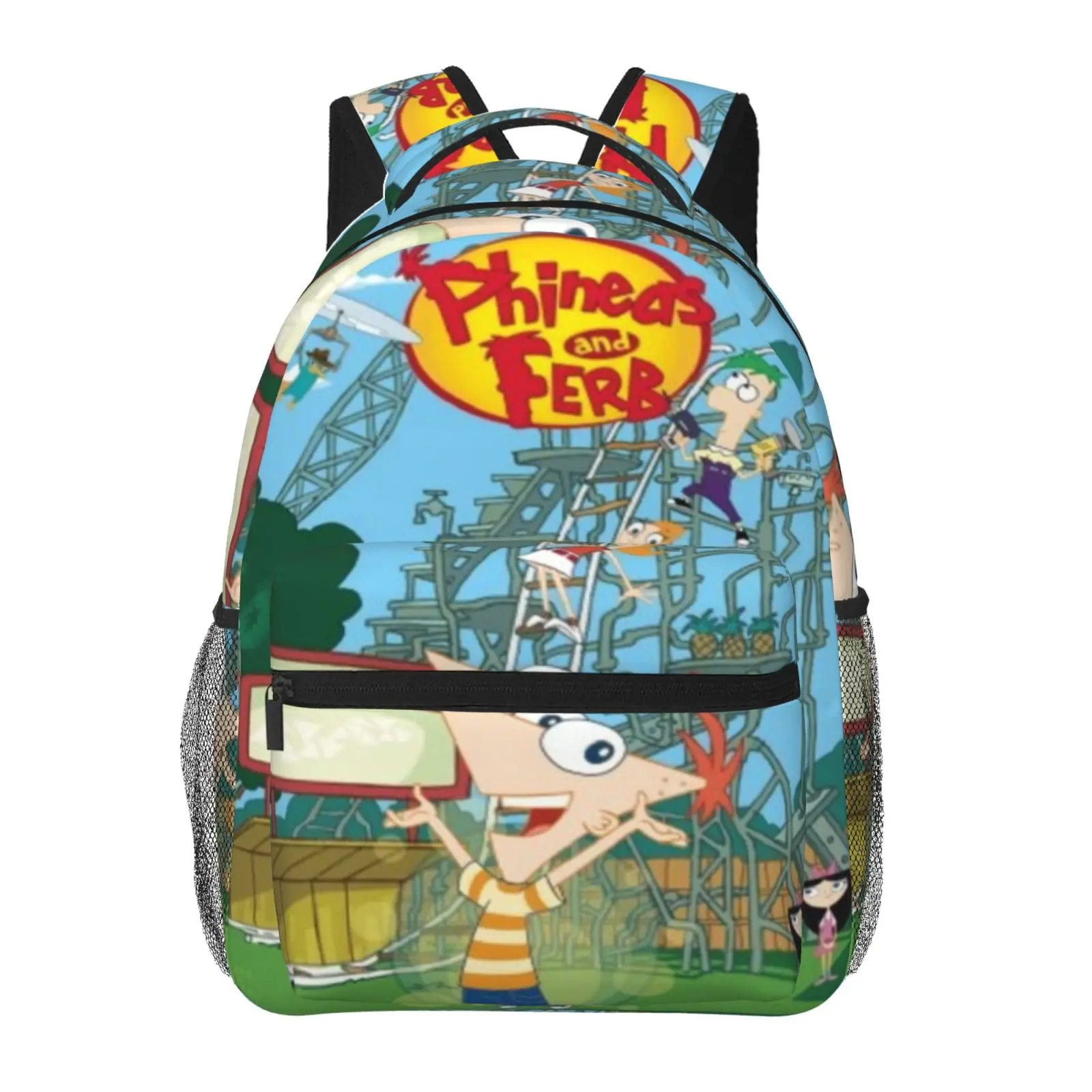 Phineas And Ferb All-Over Print Large-Capacity Oxford Cloth Cartoon Backpack - Kids Backpack, Unisex Names, Graphic, Laptop-Friendly, All Seasons Campus & Daily Commute Functional Bag for Boys Teens, Gift Option, Cartoon Backpacks