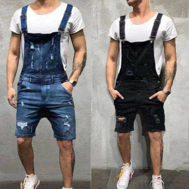 Men's Denim Bib Overalls Fashion Ripped JeansJumpsuit with Pockets Menswear Outdoor