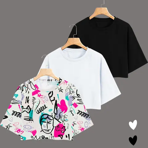 Women's Pop Art Print Round Neck Crop Knit Tee Lightweight, Basic Fashion Crew Neck Short Sleeve T-shirt for Daily Holiday Vacation Outdoor Wear, Ladies Clothes for Summer, Round Neckline Tee, Womenswear