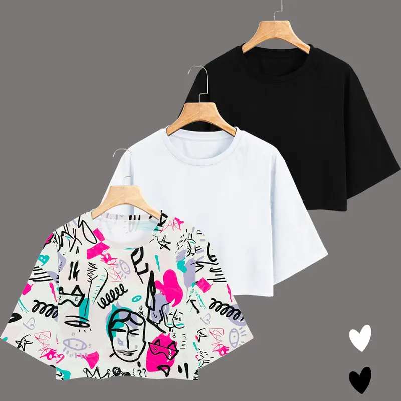 Women's Pop Art Print Round Neck Crop Knit Tee Lightweight, Basic Fashion Crew Neck Short Sleeve T-shirt for Daily Holiday Vacation Outdoor Wear, Ladies Clothes for Summer, Round Neckline Tee, Womenswear