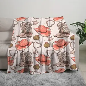 1pc Reversible Flannel Blanket - Western Cowboy Hat & Boots Design, Soft Pink/Beige with Hearts & Stars, All-Season Cozy Throw for Movie Nights, Christmas Gifts, Home Decor - Machine Washable, Gift Idea, Whimsical Pattern, Vibrant Digital Print