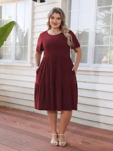 【Plus Size】 Basic Solid Color Pocket Dress, Casual Short Sleeve Round Neck Dress for Summer, Women's Plus Clothing for Daily Wear, Womenswear, Lady