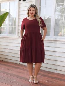 【plus size】 solid color pocket dress, casual short sleeve round neck dress for summer, women's plus clothing for daily wear