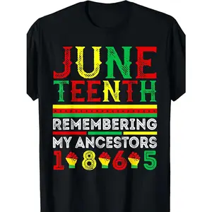 Juneteenth 1865 Commemorative T-Shirt |     Unisex Cotton Tee |     Multi-Color Geometric Pattern |     Round Neck, Short Sleeve |     Comfortable Stretch Fit |     All-Season Wear |     Vibrant Colors & Symbolic Design |     Ideal for Celebrations & Casu