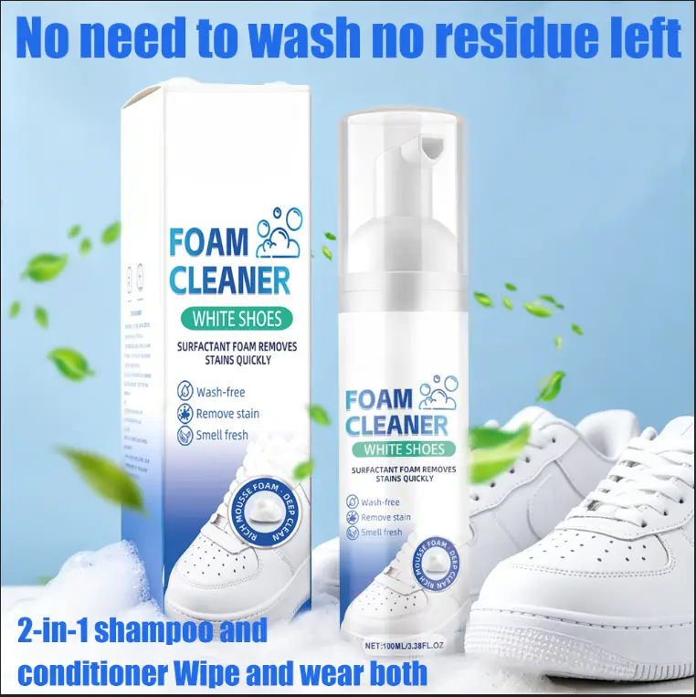 No Rinse Shoes Cleaner Foam 100ml, Instantly Refresh Waterless Shoe Cleaning Foam, Deep Clean Stains & Dirt, Safe for Leather Suede Nubuck & Knit, Quick Dry No Residue Shoe Cleaner