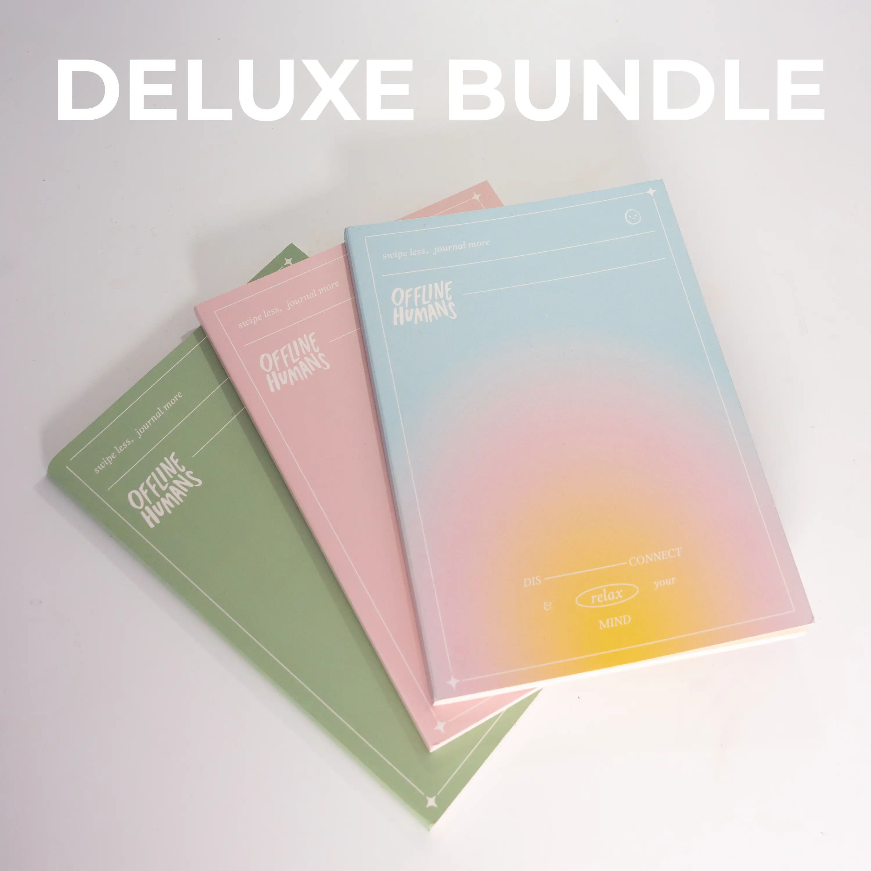 Offline Humans Deluxe Sticker Notebook Bundle - 3-Pack A5 Size with Gradient, Serenity & Blossom Colorways Lined Pages & Dotted Grid for Journaling Notes Lists & Sticker Organization