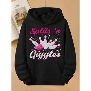 Men'S Funny Splits 'N Giggles Bowling Graphic Hooded Sweatshirt - Loose Fit with Bowling Pin & Ball Design, Machine Washable Winter Casualwear, Black with Pink Lettering, Medium Elasticity Fabric for Bowling Parties & Casual Outfits