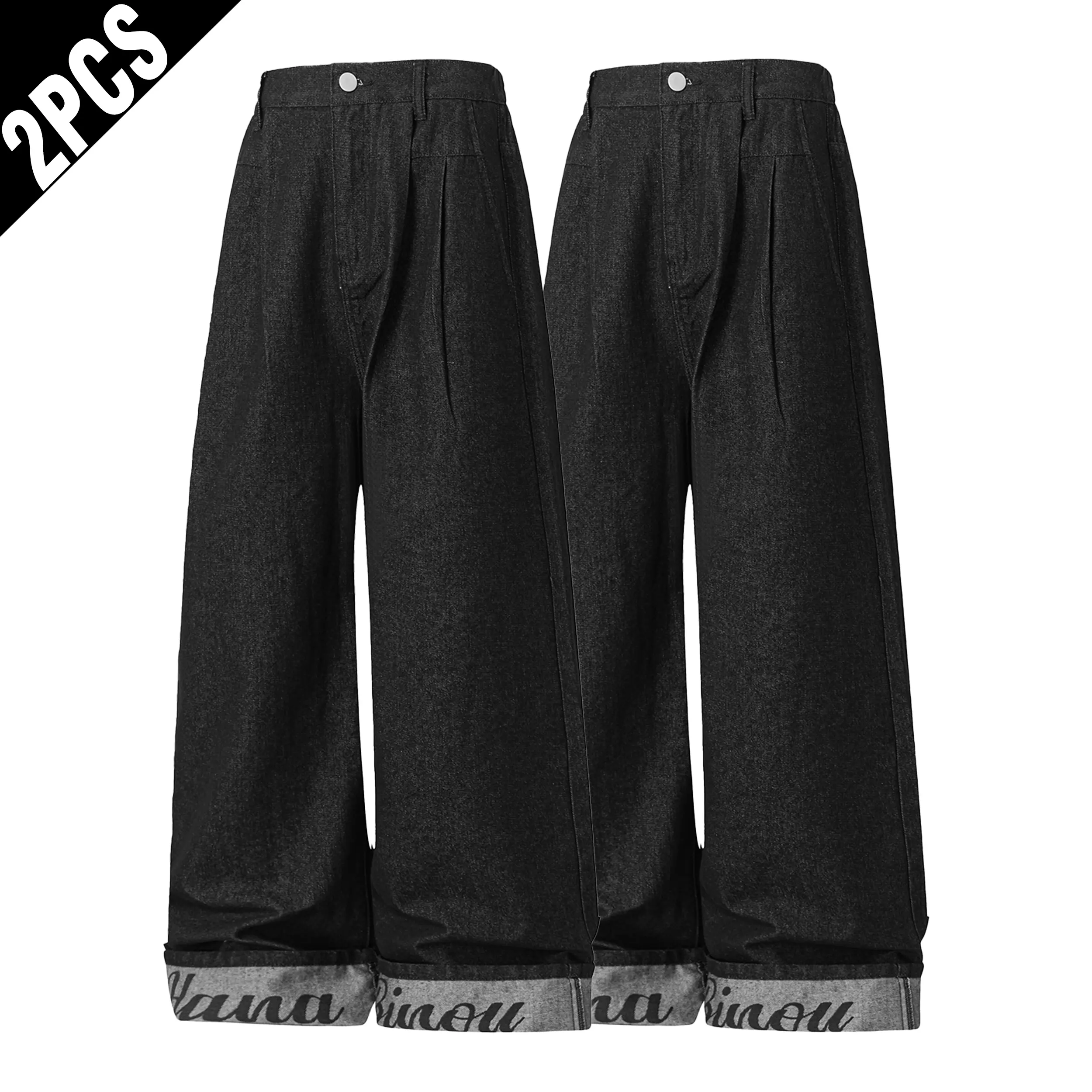 Men's Plain Raw Denim Jeans, Pleated Front, Printed Cuffs, Loose-Fit Wide Leg, Streetwear Denim, Dark Aesthetic Men's Pants, Vintage Hip-Hop All-Season Menswear