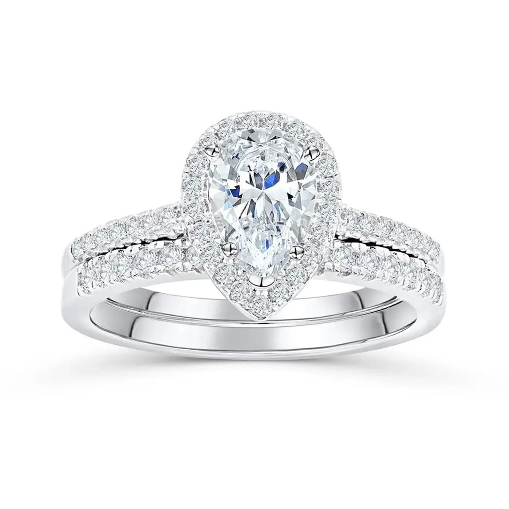 D/VVS1 Pear Cut Gem Engagement Ring Set for Women: Teardrop Halo Solitaire with Pavé, Matching Wedding Band & Anniversary Rings (Sizes 5–10)