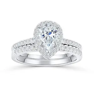 D/VVS1 Pear Cut Gem Engagement Ring Set for Women: Teardrop Halo Solitaire with Pavé, Matching Wedding Band & Anniversary Rings (Sizes 5–10)