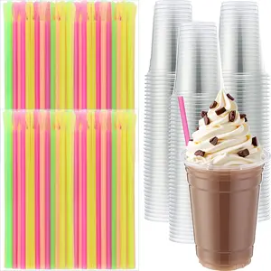 100 Sets 16 oz Plastic Root  Float Cups Parfait Cups, 7.9 in Integrated Colorful Plastic Long Straw Spoon, Utensils Party  for Ice Cream Cold Drinks Iced Coffee
