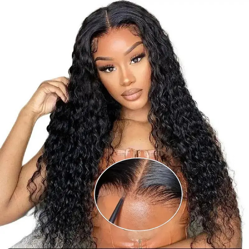 Deep Wave 4x7 Lace Human Hair Glueless Wig - No Shedding, Pre-Plucked, Bleached Knots, Natural Black, Easy Install, Wear It And Shine, YMSGIRL Hair