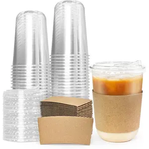 50 Sets To Go Coffee Cups With , Plastic To Go Cups With  And CupSleeve Round Bottom PlasticCups WithLids Disposable PetCups For Iced Coffee Smoothie Cold Beverage(Clear, 16 Oz)