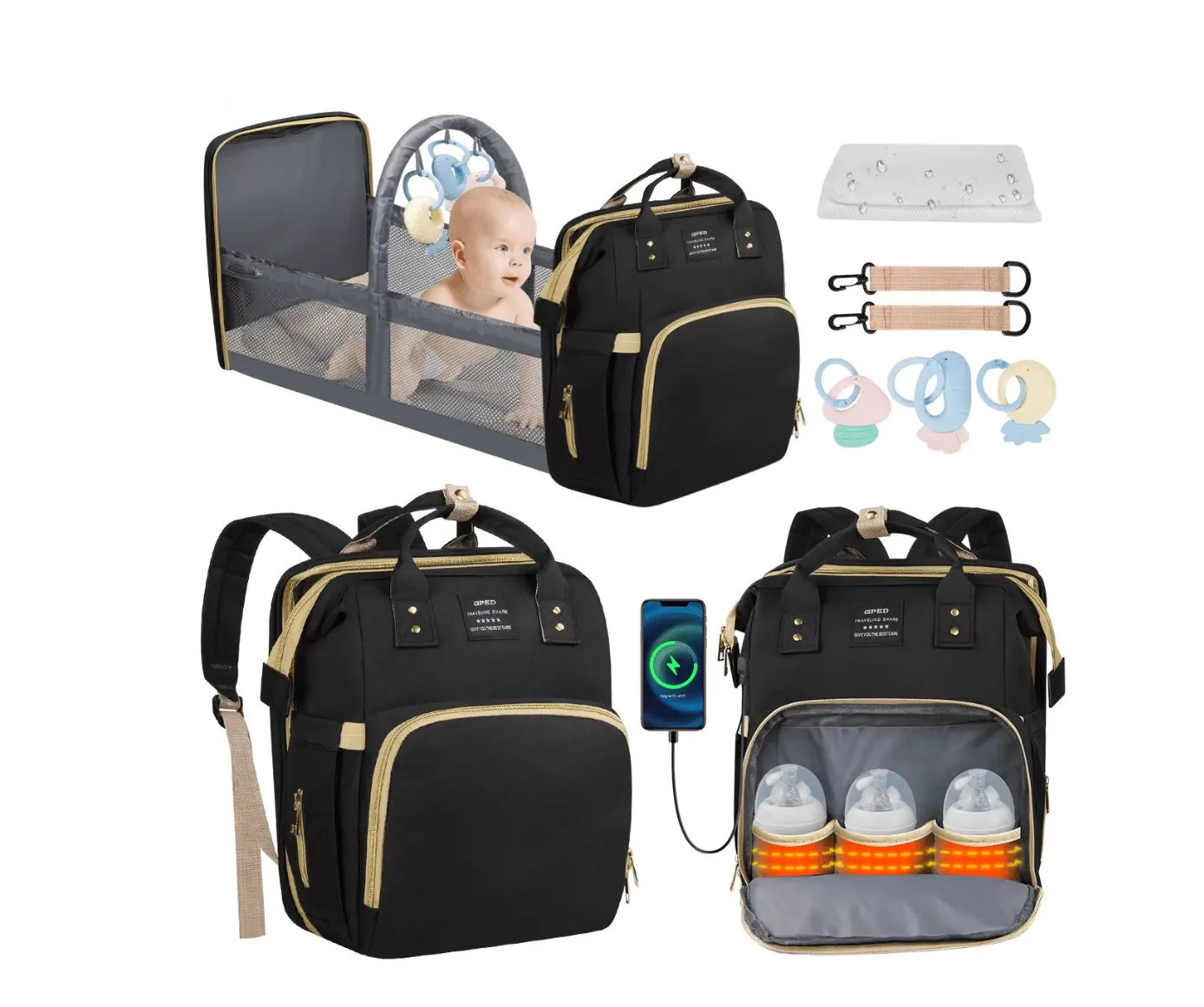 Bag Backpack, Multifunctional Baby Changing Bag with Foldable Crib &Insulated Milk Bottle Pockets, Large Capacity Portable Travel Backpack with USB Charging Port, Nappy Bag for Moms Dads,Black