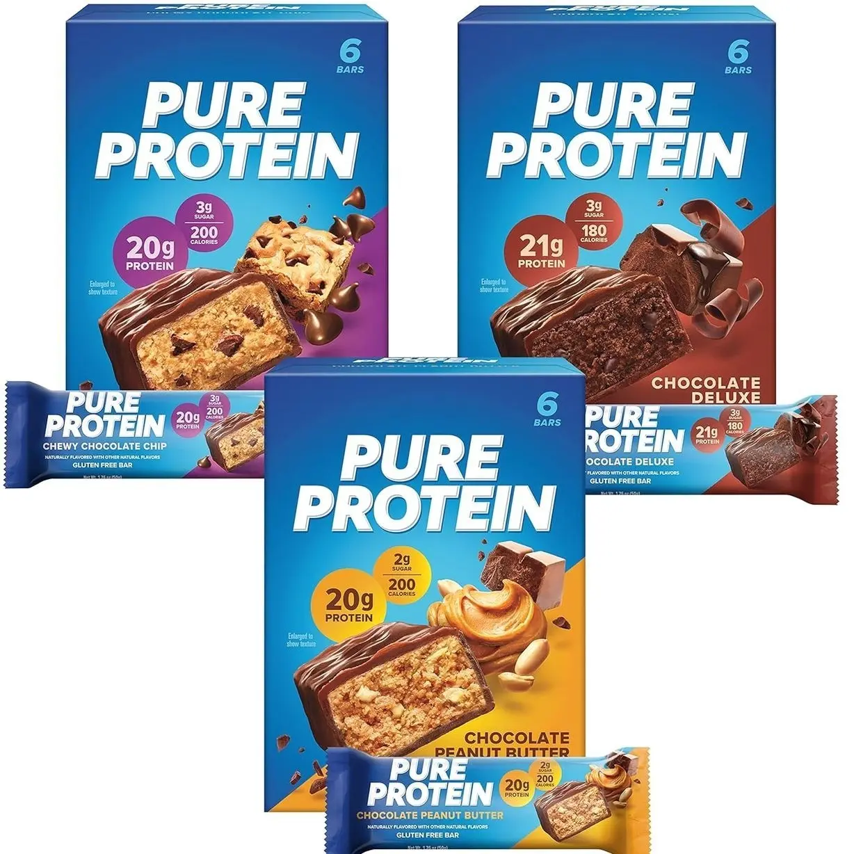 Pure Protein New Variety Pack Protein Bars – 20g Protein, 3g Sugar, 190 Calories (18 count) Low Sugar* High Protein Snack - Gluten Free - Perfect for a Healthy Snack