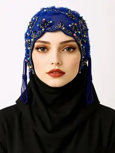 Women's Geometric Print Lace Beaded Headscarf Hat, Bohemian Satin Lined Hair Accessory, Adjustable Ankara Chemotherapy Cap Premium Jersey Hijab, Turban Hijab