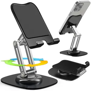 360° Rotation Foldable Aluminum Desktop Cell Phone Holder Stand with Metal Base Universal Smartphone Durable Landscape Adjustable Android Portable - Grip