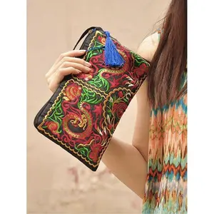 Flash & Finesse Women's Ethnic Vintage Embroidery Long Wallet-Wristlet Handbags for Women, Large Capacity Evening Clutch with Phone & Coin Pockets, Festival Gift