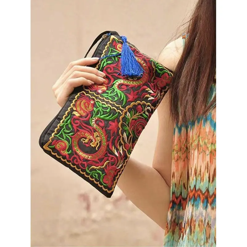 Flash & Finesse Retro Women's Linen Ethnic Flower Language Gesang Flower Embroidery Long Wallet-Wristlet, High-Capacity Evening Clutch with Phone Pocket & Coin Pockets, Festival Gift